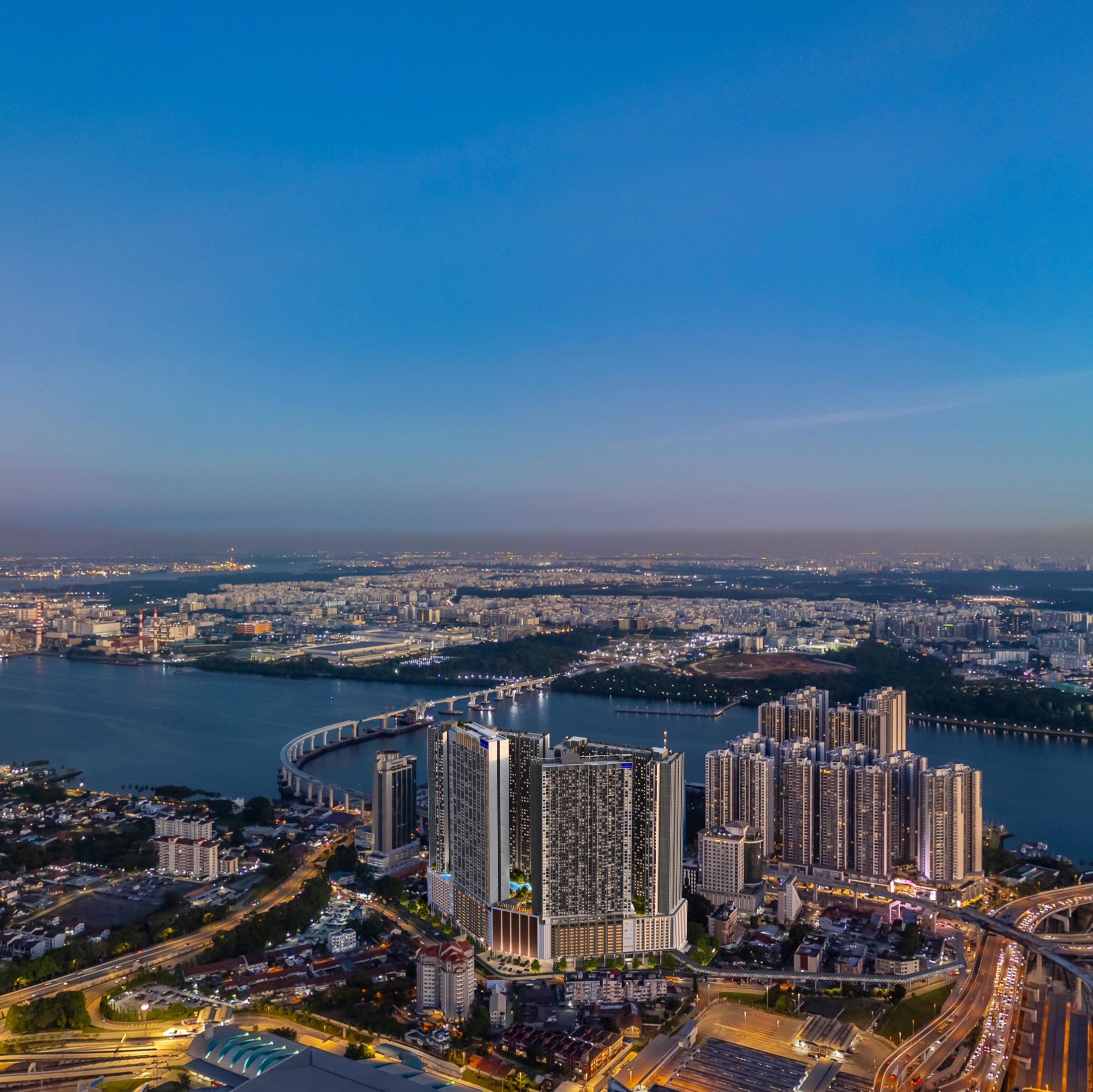 Aerial view of Causewayz Square and the Johor–Singapore Causeway — artist's impression