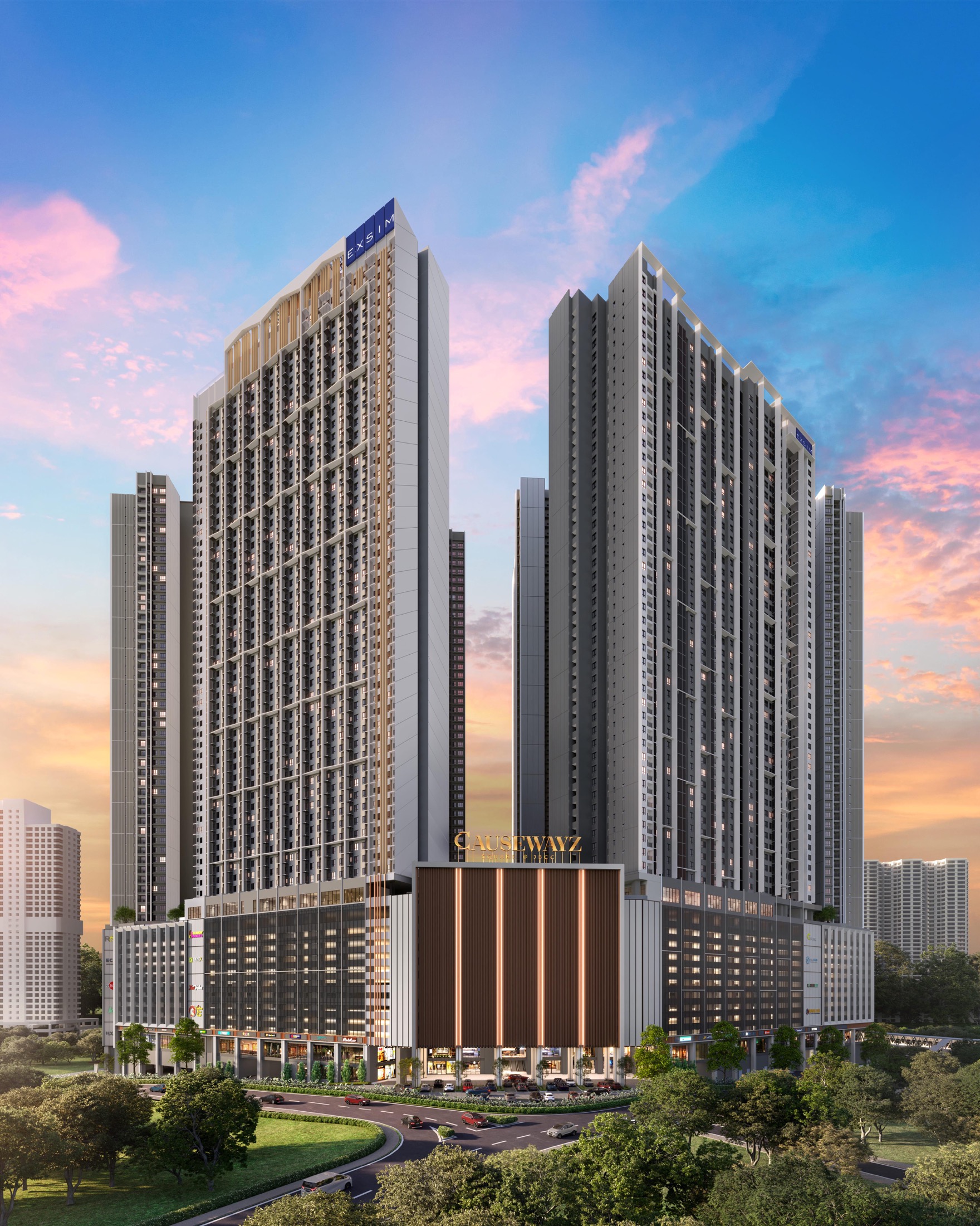 Causewayz Square towers at dusk — artist's impression